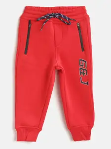 Gini and Jony Boys Red Solid Fleece Lined Knitted Pure Cotton Joggers