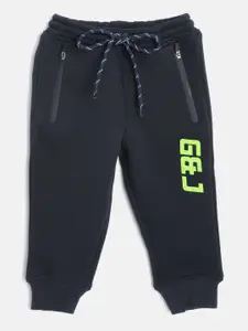 Gini and Jony Boys Navy Blue Solid Cotton Joggers with Printed Detail