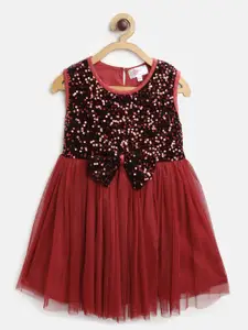 Bella Moda Girls Maroon Sequined Net Fit and Flare Dress with Bow Detail
