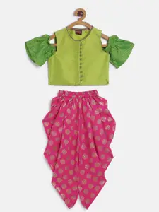 Twisha Girls Lime Green & Pink Solid Top with Dhoti Pants