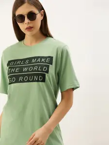 DILLINGER Women Green Printed Round Neck Oversized Pure Cotton T-shirt