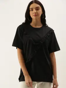 DILLINGER Women Black Solid Round Neck  Oversized Pure Cotton T-shirt With Ruffle Detail