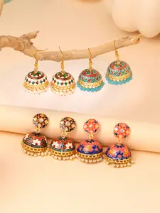Yellow Chimes 4 Pair Pink Gold-Plated Handcrafted Meenakari Dome Shaped Jhumkas