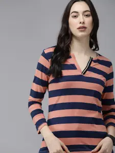 The Roadster Lifestyle Co Women Peach-Coloured  Navy Blue Striped V-Neck Pure Cotton T-shirt