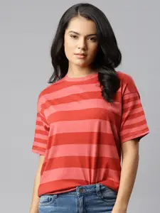 The Roadster Lifestyle Co Women Red & Pink Striped Drop-Shoulder Sleeves Boxy T-shirt