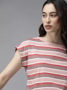 The Roadster Lifestyle Co Women Pink  Red Striped Extended Sleeves Boxy Pure Cotton T-shirt
