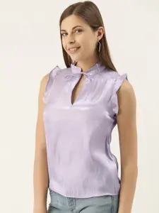 Campus Sutra Lavender Solid Satin Finish Tie-Up Neck Top