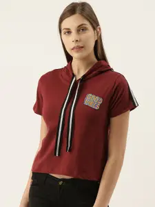 Campus Sutra Women Maroon Solid Hooded Pure Cotton T-shirt with Applique Detail