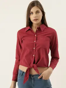 Campus Sutra Women Red Regular Fit Solid Cropped Waist Tie-Up Casual Shirt