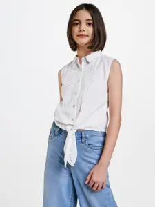 AND White Pure Cotton Shirt Style Top with Eyelet Details