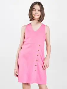 AND Girls Pink Solid Linen A-Line Dress