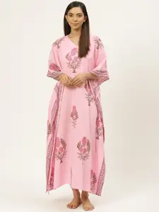 Prakrti Pink & Green Cotton Handblock Print Kaftan Sustainable Nightdress