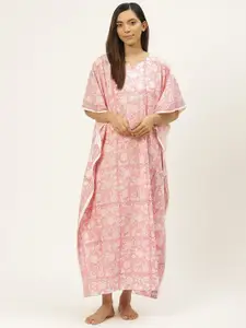 Prakrti Pink & White Pure Cotton Handblock Print Kaftan Maxi Sustainable Nightdress