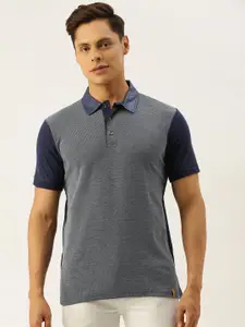 Campus Sutra Men Grey  Blue Self Design Bio Wash Pure Cotton Polo Collar Pure Cotton T-shirt
