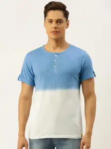 Campus Sutra Men Blue  White Dyed Henley Neck Pure Cotton Bio-Wash Pure Cotton T-shirt