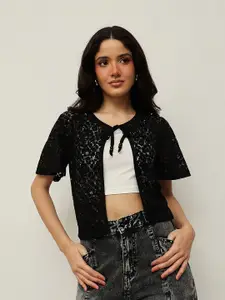 Espresso Women Black Self Design Tie-Up Shrug