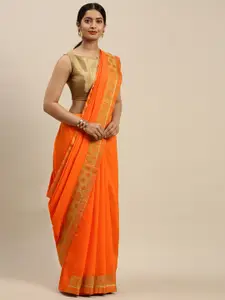 Indian Women Orange Solid Saree
