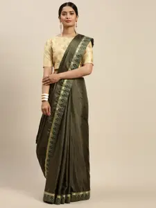 Indian Women Olive Green Solid Saree