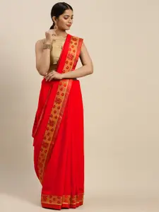 Indian Women Red & Golden Solid Ready to Wear Saree