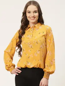 One Femme Yellow & Pink Floral Printed Smocked Puff Sleeves Crepe Shirt Style Top