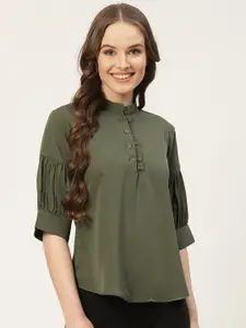 One Femme Olive Green Solid Mandarin Collar Puff Sleeves Crepe Top