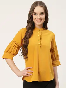 One Femme Mustard Yellow Mandarin Collar Puff Sleeves Crepe Top