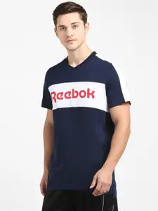 Reebok Men Navy Blue  White Pure Cotton Colourblocked Graphic Slim Fit Pure Cotton T-shirt