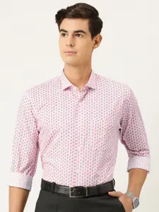 Peter England Men White & Pink Slim Fit Printed Pure Cotton Formal Shirt