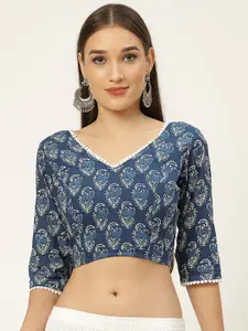 Studio Shringaar Navy Blue & Off-White Block Print Cotton Saree Blouse