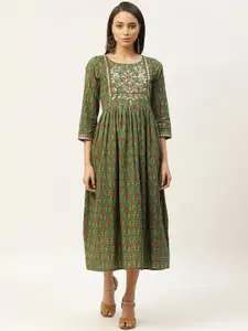 Shae by SASSAFRAS Women Olive Green & Red Floral Print Cotton A-Line Dress With Gathers