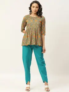Shae by SASSAFRAS Women Teal Green & Coral Orange Cotton Printed A-line Top with Trousers
