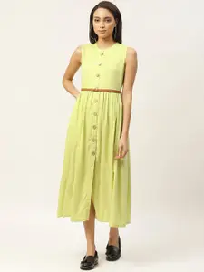 Shae by SASSAFRAS Women Lime Green Solid A-Line Dress With Belt