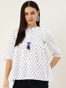 Shae by SASSAFRAS Women White & Blue Printed Pure Cotton A-Line Top