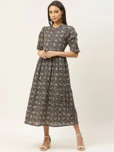 Shae by SASSAFRAS Women Navy Blue & Beige Paisley Printed Pure Cotton Tiered A-Line Dress
