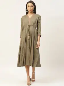 Shae by SASSAFRAS Women Khaki Solid A-Line Dress With Embroidered Neck