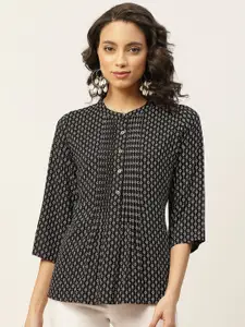 Shae by SASSAFRAS Women Black & White Geometric Printed Mandarin Collar Shirt Style Top