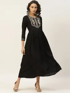 Shae by SASSAFRAS Women Black Embroidered A-Line Dress With Gathers