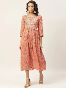 Shae by SASSAFRAS Women Orange & White Floral Printed Cotton A-Line Dress With Gathers