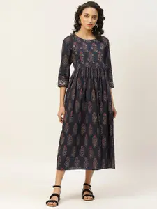 Shae by SASSAFRAS Women Navy Blue & Maroon Floral Printed Pure Cotton A-Line Dress