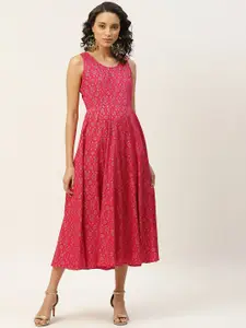 Shae by SASSAFRAS Women Pink & Golden Foil Printed A-Line Ethnic Dress