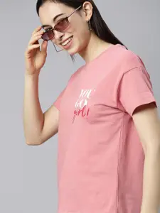 Mast & Harbour Mast  Harbour Women Pink  White Printed Extended Sleeves Pure Cotton T-shirt