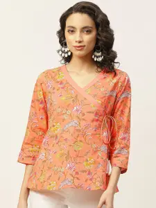 Shae by SASSAFRAS Peach-Coloured & Yellow Pure Cotton Ethnic Printed Wrap Top