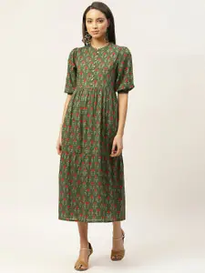 Shae by SASSAFRAS Women Green & Red Floral Printed Pure Cotton Tiered A-Line Dress