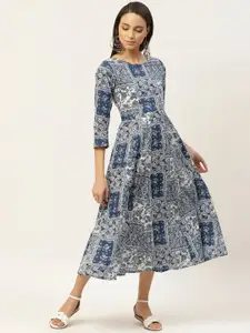 Shae by SASSAFRAS Women Blue & White Ethnic Printed Pure Cotton A-Line Dress