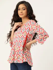 Shae by SASSAFRAS White & Red Geometric Printed Wrap Top