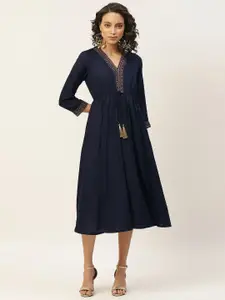 Shae by SASSAFRAS Women Navy Blue Solid A-Line Dress With Embroidered Neck
