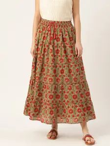 Shae by SASSAFRAS Women Green & Red Pure Cotton Printed Maxi Tiered Skirt