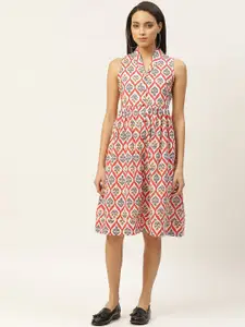 Shae by SASSAFRAS Women White & Red Floral Printed Pure Cotton A-Line Dress