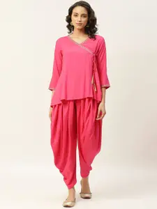 Shae by SASSAFRAS Women Pink Solid Angrakha Top with Dhoti Pants