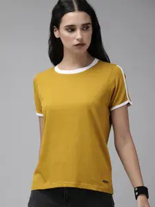 The Roadster Lifestyle Co Women Yellow Solid Round Neck Pure Cotton T-shirt